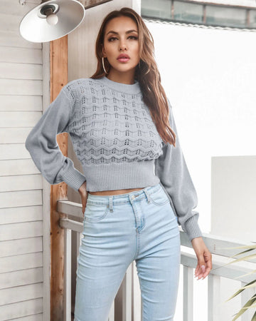 Xanthe Lantern Sleeve Mock Neck Cropped Sweater - SunsetFashionLA